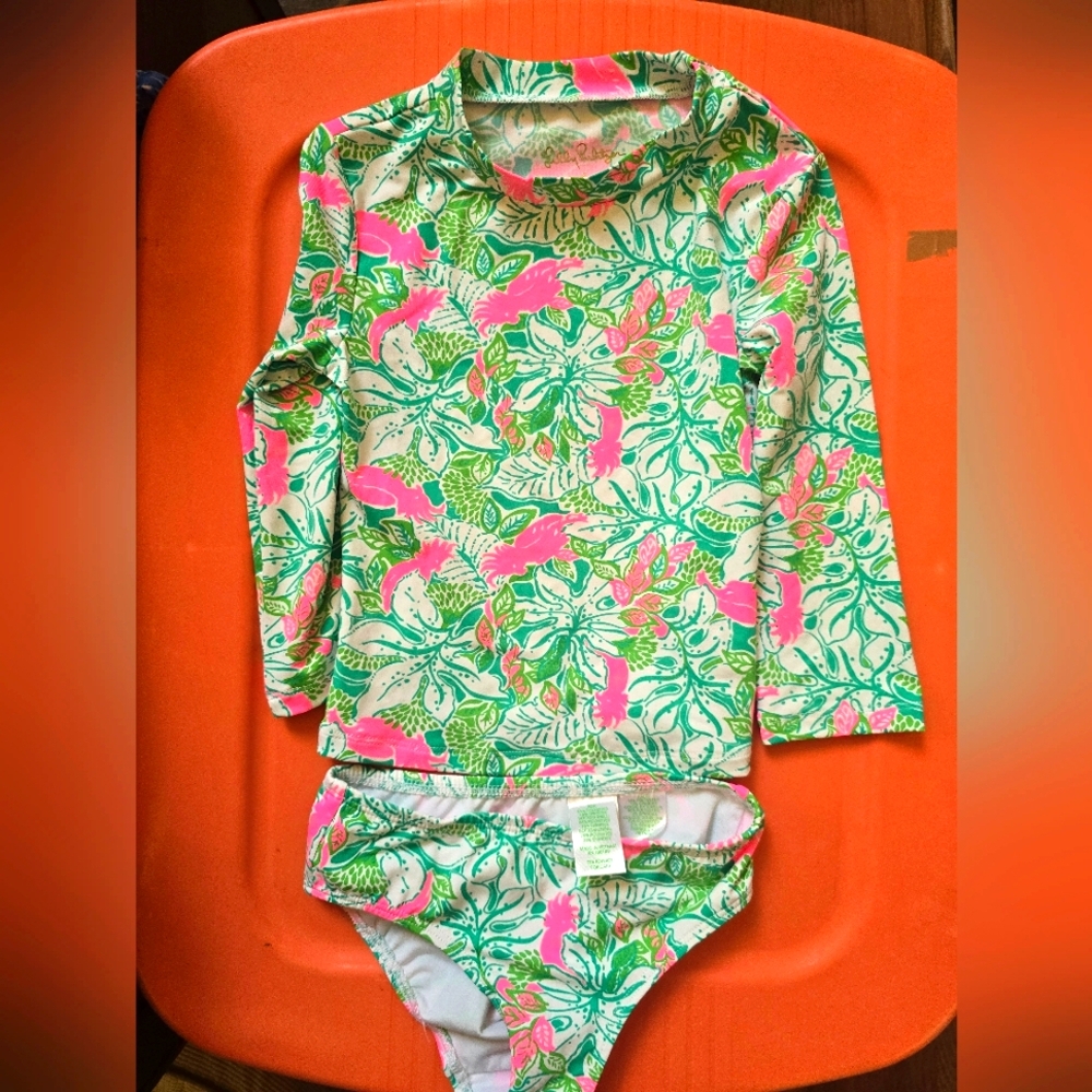 Lilly Pulitzer Girls size 5 Floral Kids Swim Set - Green and Pink Sunguard Swim